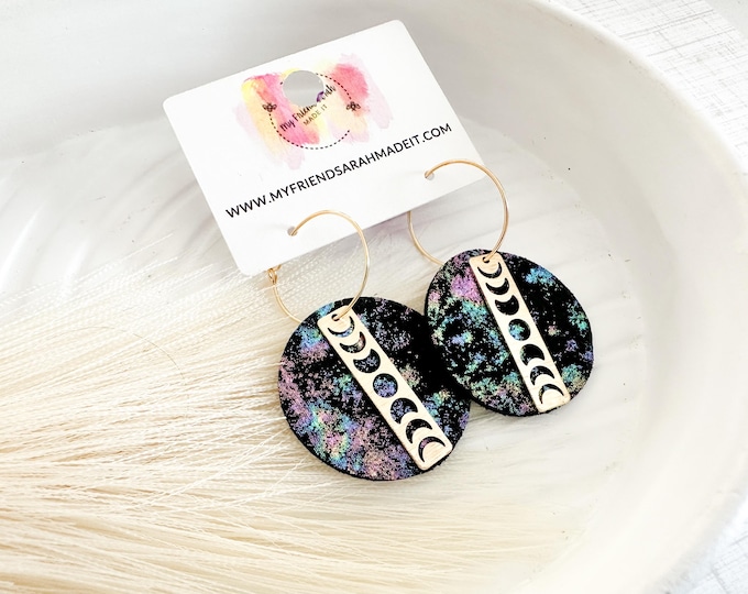 Rainbow Leather Hoop Earrings with Gold Moon Phases