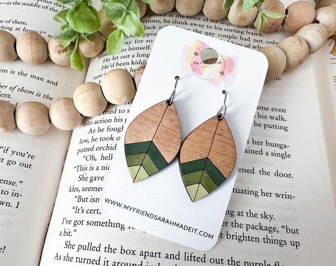 Green Ombre Chevron Petal Wooden Earrings