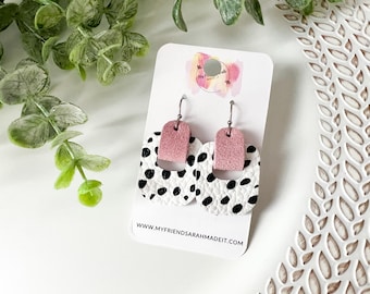 Black & White Spotted Leather + Pink Suede Wrapped Earrings