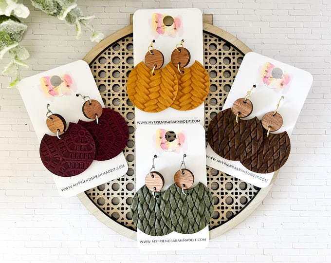 Boho Leather Crescent & Wood Earrings