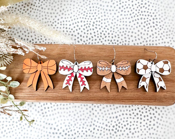 Hand-Painted Wooden Sports Bow Earrings | Soccer, Football, Basketball, Baseball Earrings | #3145