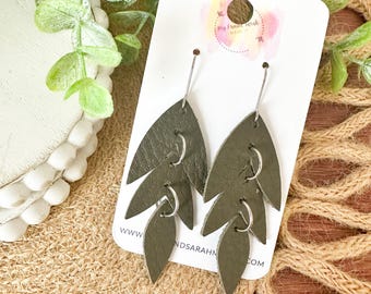 Olive Leather Falling Leaves Earrings