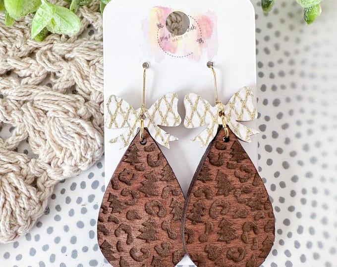 Wooden Cheetah Christmas Teardrop Earrings