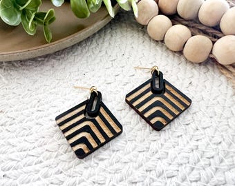 Chevron Engraved Wood Diamond Earrings