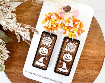 Pumpkin + Witch Hat Halloween Wooden Bar Earrings