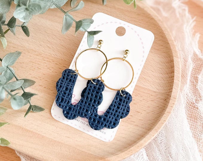 Navy Leather Scalloped Hoop Earrings