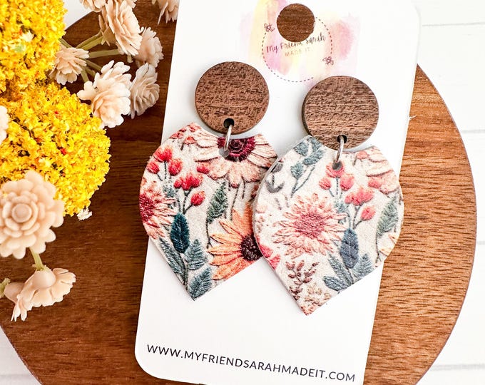 Fall Faux Embroidered Floral + Wood Petal Earrings