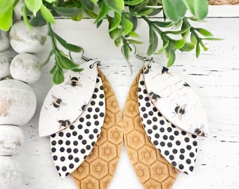 Bee & Honeycomb Layered Leaf Earrings