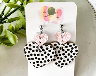 Polka Dot Heart Earrings with Pink Glitter Accents