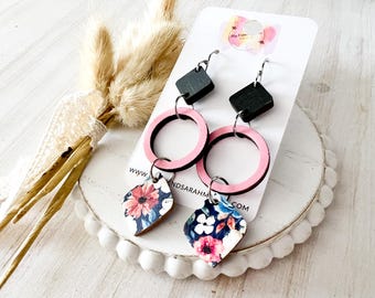 Floral, Pink, and Black Bloom Dangles