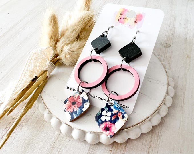 Floral, Pink, and Black Bloom Dangles