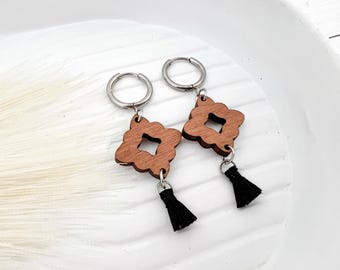 Wood Hoop Tassel Earrings