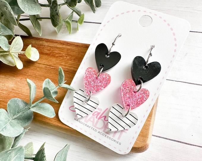 Pink, White, & Black Acrylic Heart Stack Earrings