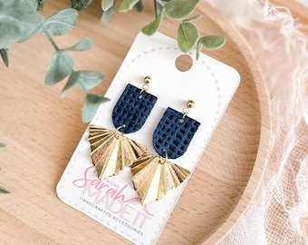 Navy Leather and Brass Dangle Earrings