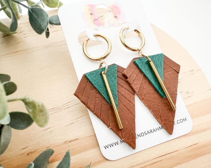 Ocean Teal & Saddle Leather Fringed Triangle Earrings | Geometric Fringe Statement Earrings | Boho Modern Dangles | #2687