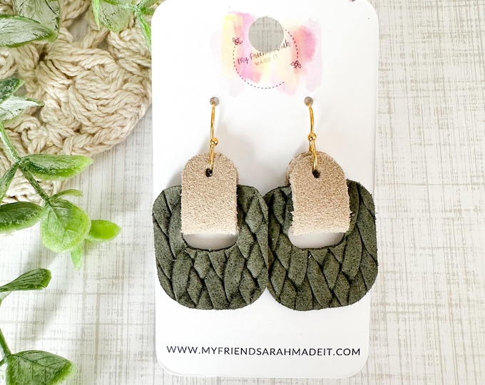 Textured Khaki Green Leather & Suede Wrapped Earrings