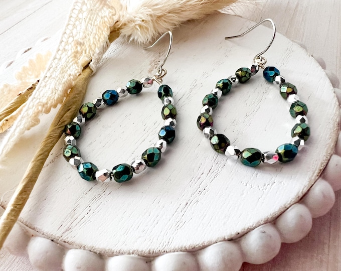 Peacock Green & Silver Beaded Teardrop Earrings