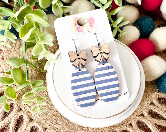 Blue & White Stripe Cork Earrings with Wooden Bow Tops