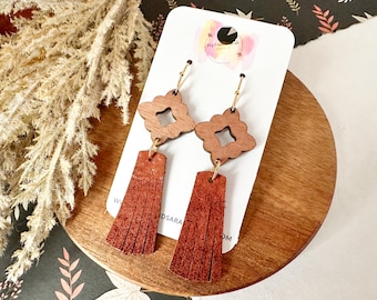 Neutral Rust Brown Leather Tassel Earrings with Wood Accent