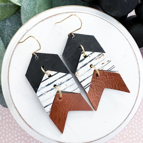 Chic Chevron Leather Earrings in Black & Brown | Contemporary Stacked Dangles | Stylish Neutral Accessories | #1209