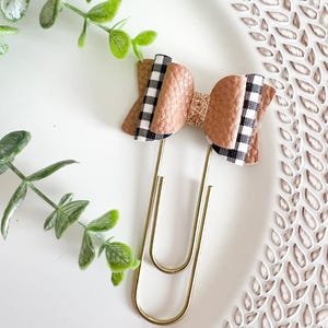 Caramel Gingham Planner Bow Jumbo Planner Clip | Faux Leather Paperclip Bookmark | Neutral Planner Accessory | Teacher Gift | #2716