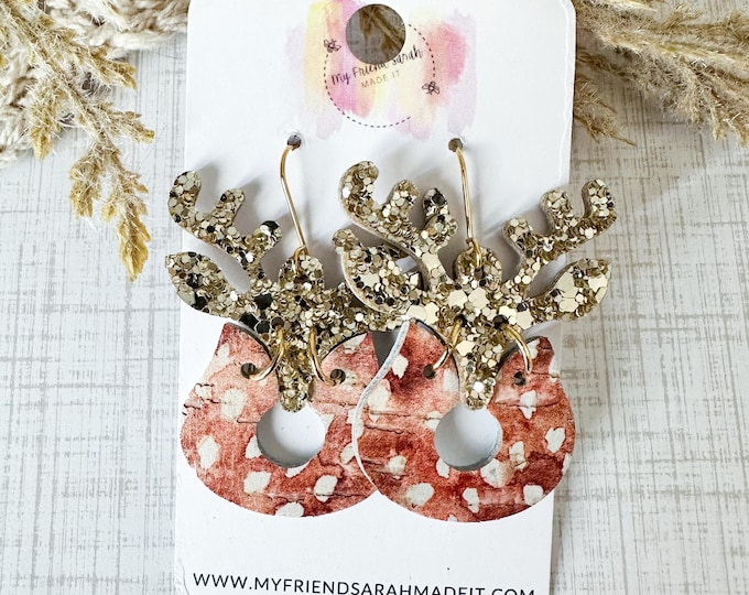 Gold Glitter Reindeer Earrings