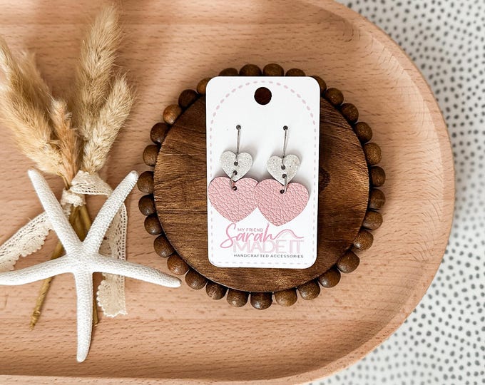 Pink & White Leather Heart Stack Earrings