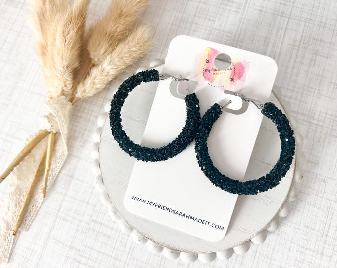 Black Glitter Hoop Earrings