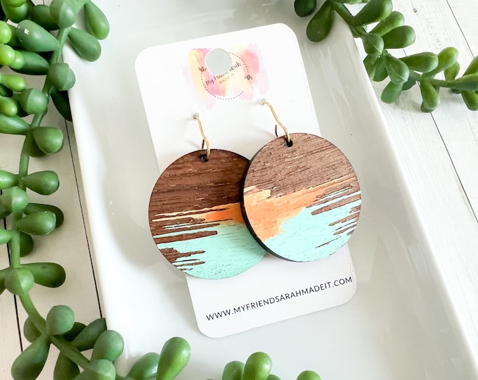 Coral & Aqua Sunset Inspired Wooden Disc Earrings