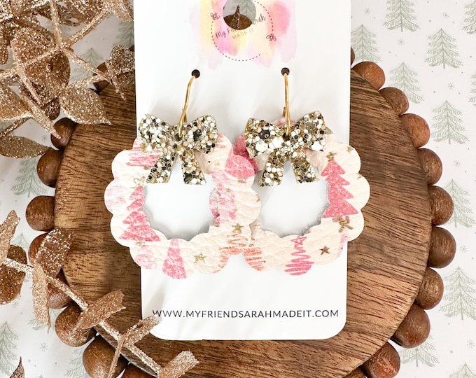 Pink & Gold Christmas Tree Wreath Earrings with Gold Glitter Bow