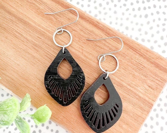 Black Wooden Teardrop Cutout Earrings