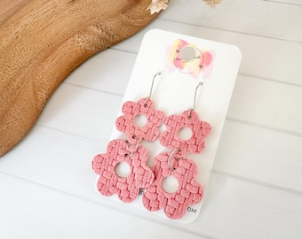 Pink Leather Floral Earrings | Embossed Chevron Daisy Stacked Dangle | #3021