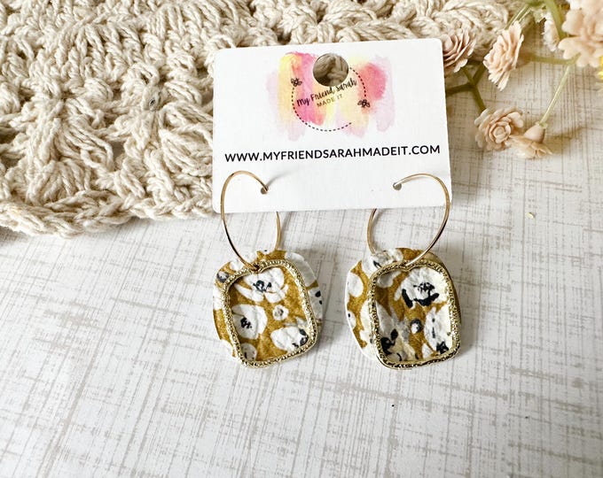 Mustard Floral Leather & Brass Hoops