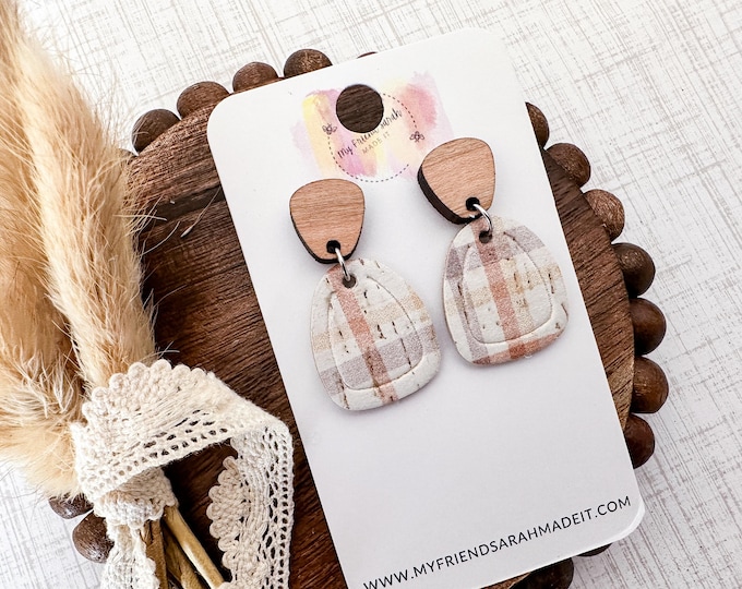 Neutral Plaid Cork & Wood Earrings