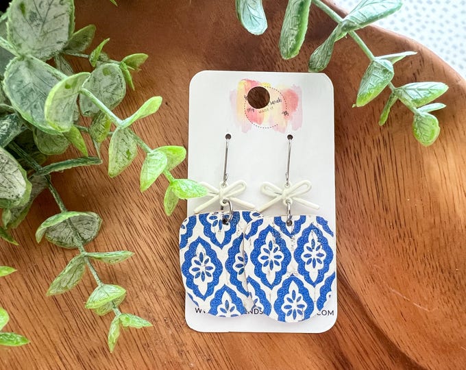 Blue Tile Bow Dangle Earrings