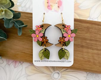 Hand-Painted Wooden Floral Moon & Leaf Earrings