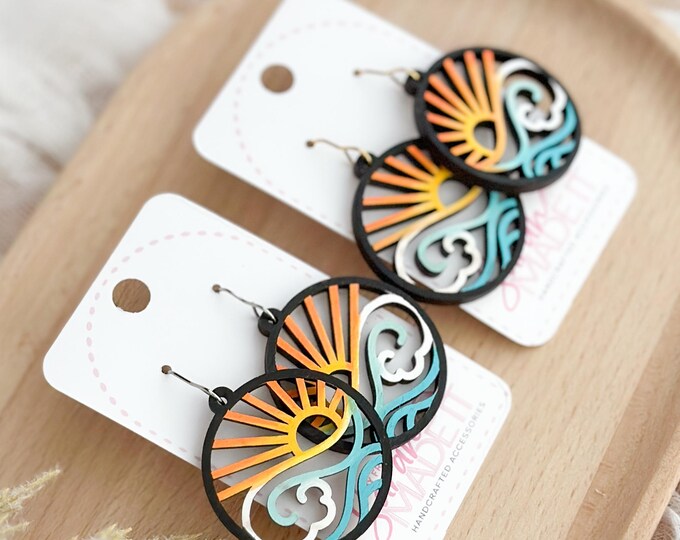 Hand Painted Beach Sunset Wooden Earrings | Coastal Statement Jewelry | #2189