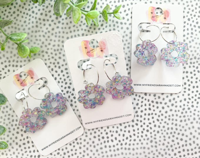 Pastel Glitter Daisy Hoop Earrings
