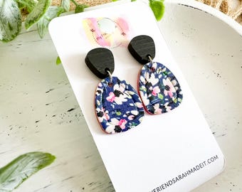 Navy Cork & Pink Floral Dangles