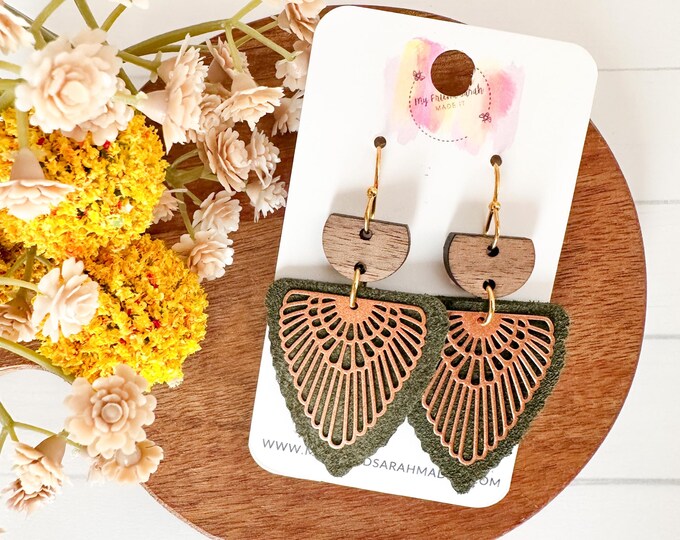Khaki Green Suede Scalloped Arrow Earrings