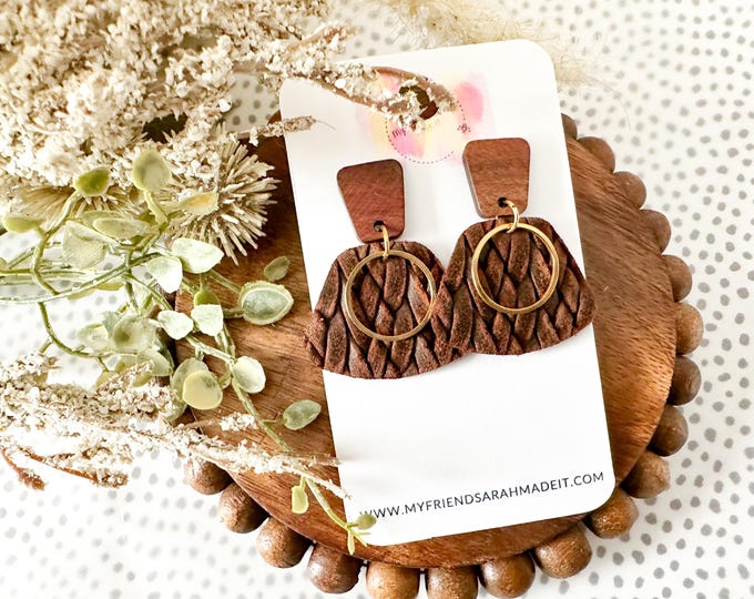 Brown Knit Leather Wedge Earrings