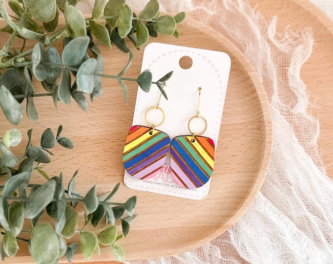 Hand-Painted Rainbow Stripe Wooden Dangles