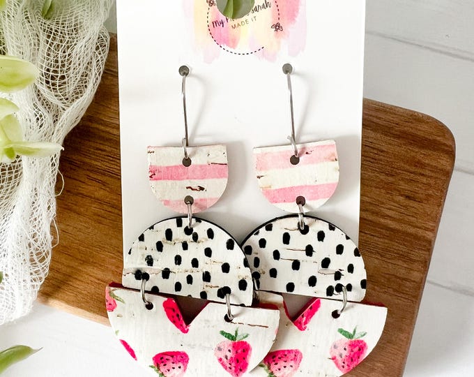 Strawberry Statement Earrings | Mixed Pattern Cork Earrings for Women | Lightweight Fruit Earrings | Cute Strawberry Earrings | Gift For Her