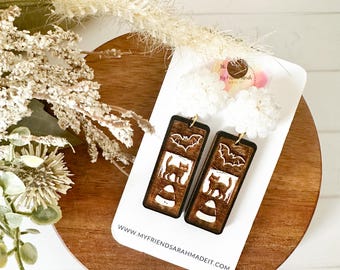 Black Cat + Candy Corn Halloween Wooden Bar Earrings