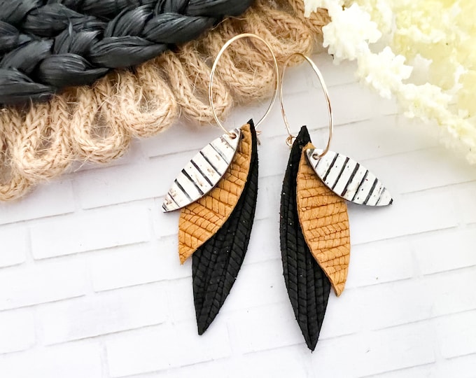 Black, Mustard, and Black & White Striped Layered Leaf Hoop Earrings