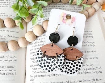 White & Black Dotted Cork and Wood Geometric Earrings
