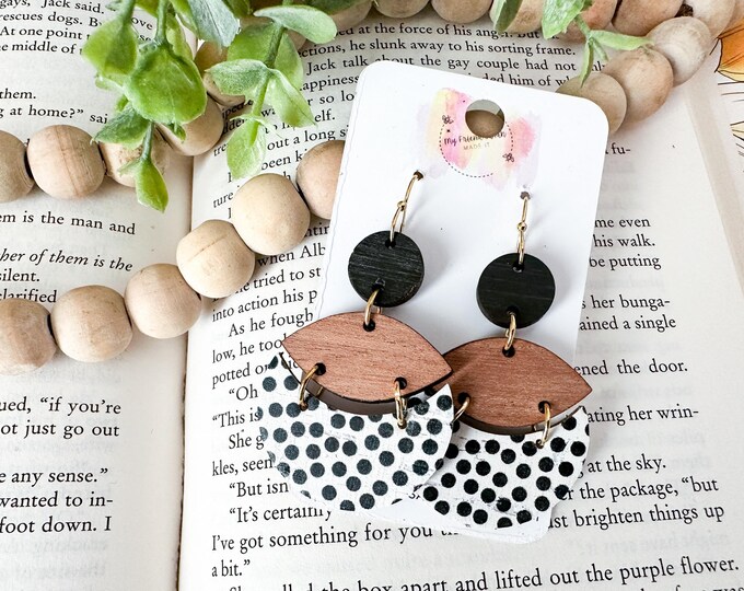 White & Black Dotted Cork and Wood Geometric Earrings
