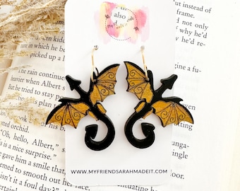 Black and Gold Wooden Dragon Earrings