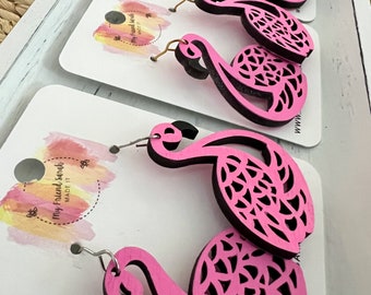 Flamingo Wooden Earrings | Hand Painted Tropical Jewelry | Lightweight Statement Vacation Accessories | #2120