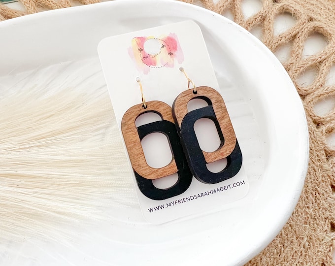Wood and Black Link Earrings